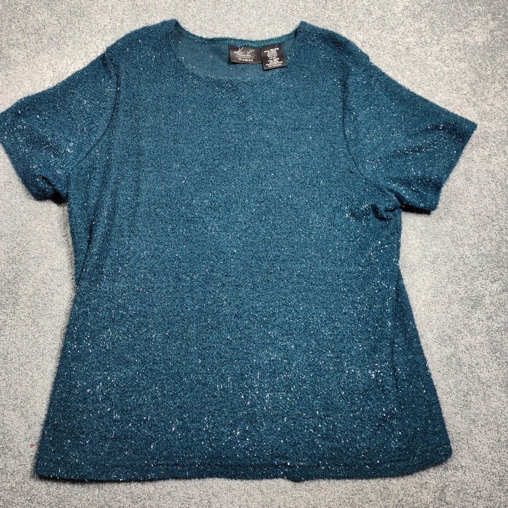 Kathie Lee Women Teal Blue Metallic Knit Blouse 18W/20W Plus Size Shimmer